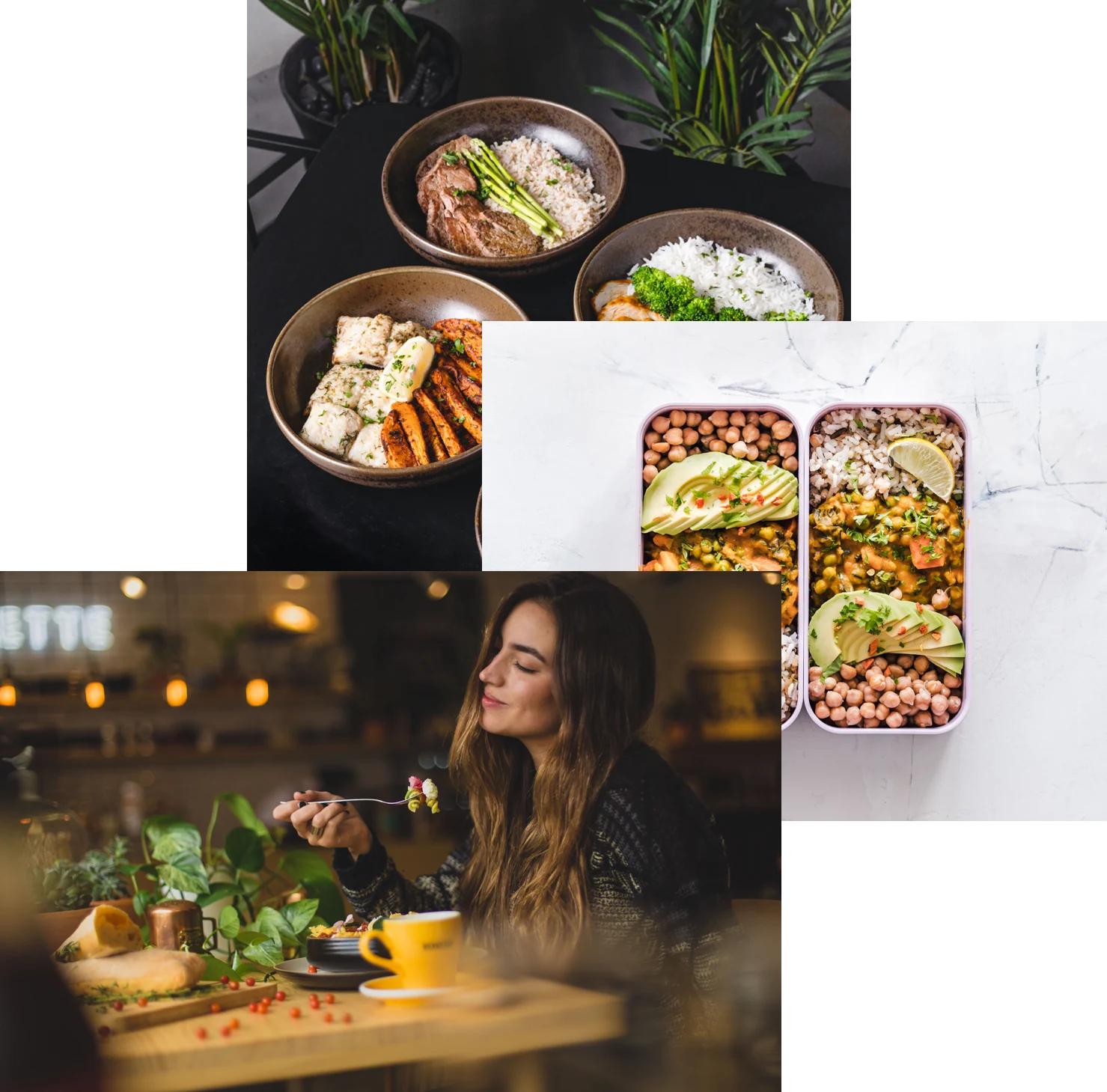 a women enjoy food, meals in a storage container and food bowl on a table